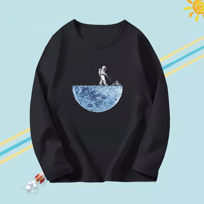 Kids Astronaut mowing the moon Clothing 3-14 Years Long Sleeve Boys' T-Shirts Spring Autumn Cotton Tee Tops Children Boy Tops