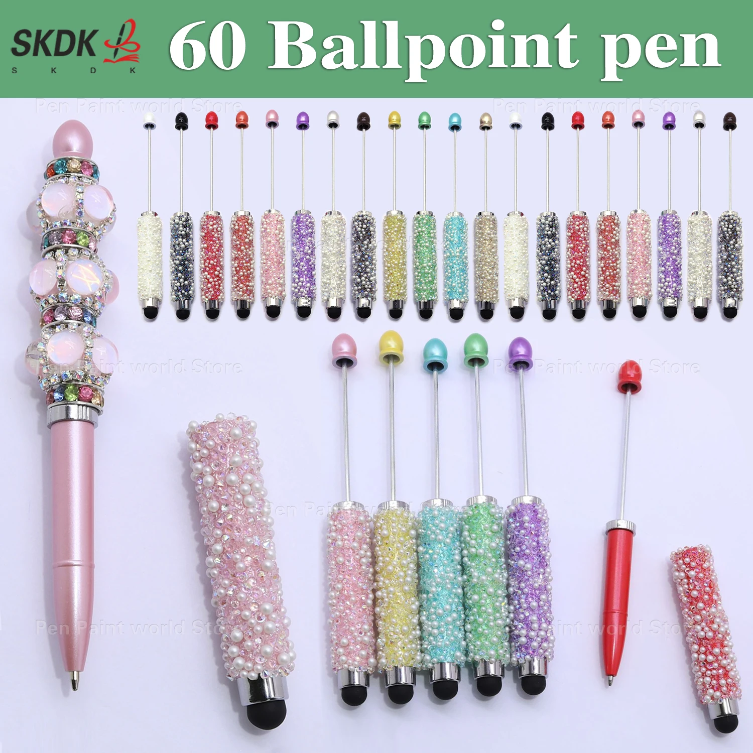

60Pcs Starry Bead DIY Ballpoint Pen – Dual Use with Stylus Tip, Great for Gifts, Office and Planners