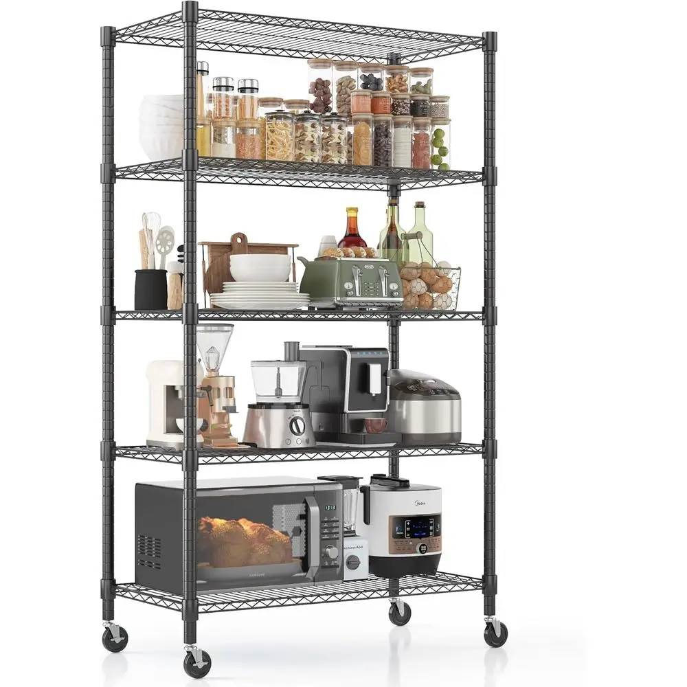 

5-Tier Heavy-Duty Wire Shelving with Wheels, 18x36x82, Adjustable Metal Storage Rack, Black