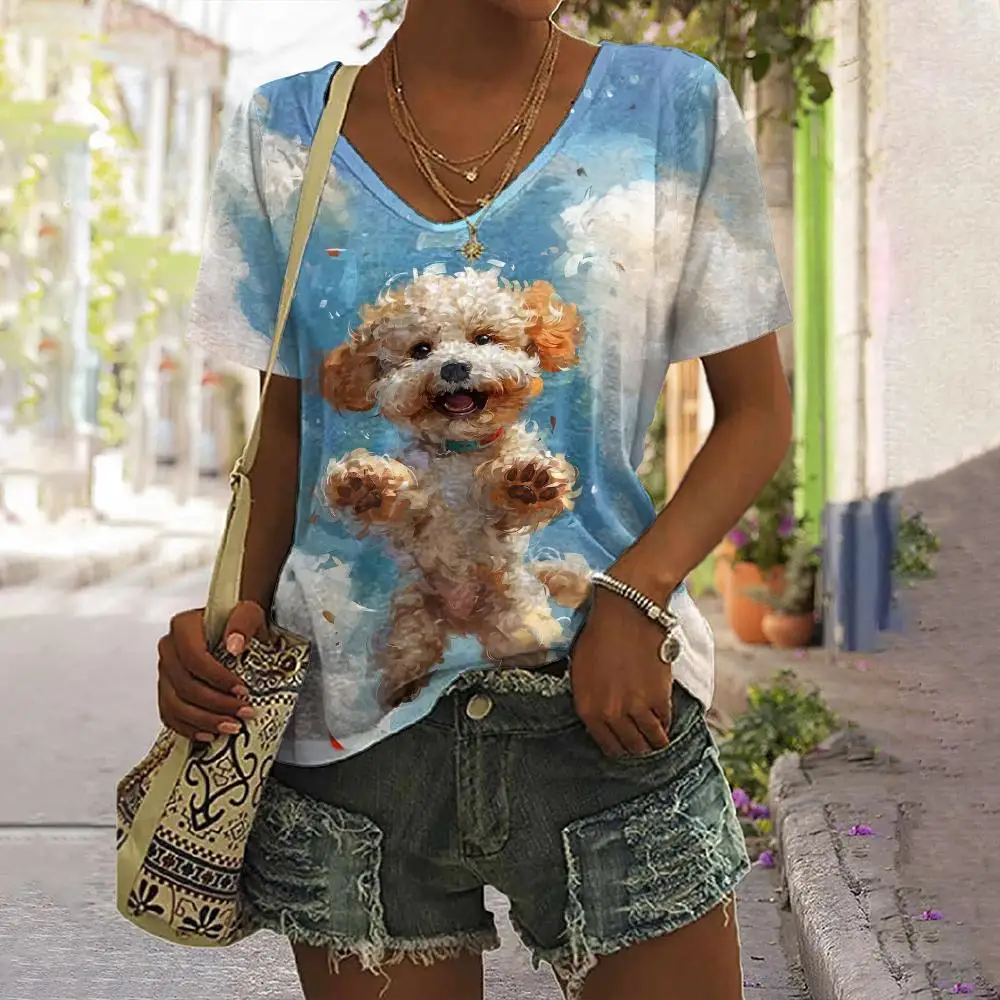 Summer Women\'s T Shirt Dog Print Casual Short Sleeve 3d T Shirts Fashion Streetwear V Neck Pullover Oversized Female Clothing