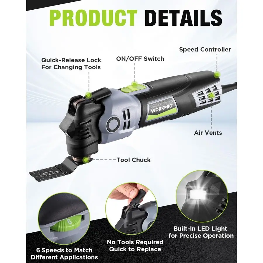 400W Oscillating MultiTool, 6Speed Corded Power Saw with LED Light, Quick Blade Change, 3.5 Oscillation Angle, 22 Accessories fo