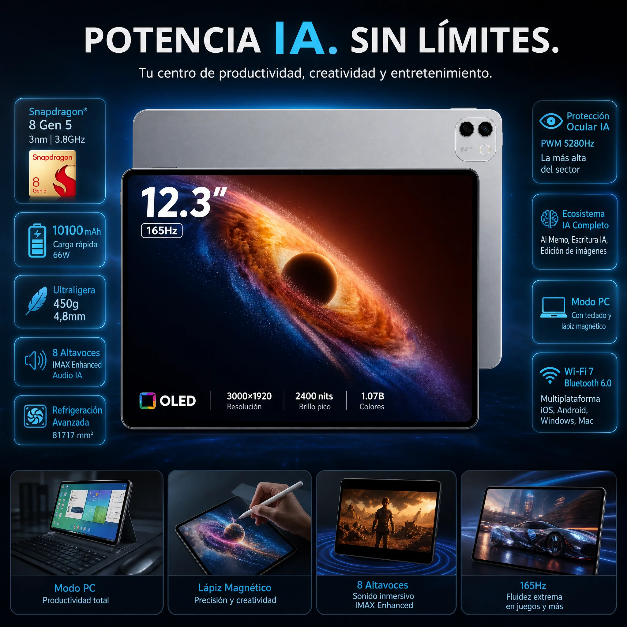 Tableta – HONOR MagicPad 4, Versión UE, Pantalla OLED 12.3″ 165Hz 2400 nits, Batería 10100 mAh, Snapdragon 8 Gen 5, 8 altavoces IMAX, 450g ultraligera, IA integrada, Wi-Fi 7 4
