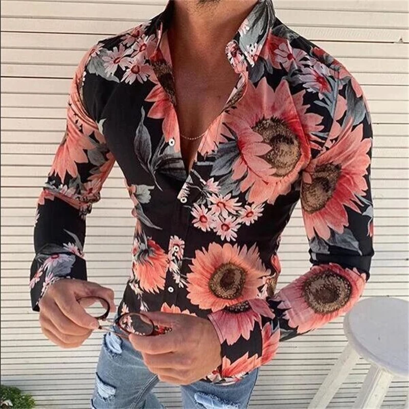 Hawaii Shirts Flower Print Mens Long Sleeve Camisa Holiday Party Tops Oversized T-Shirt For Men Leopard Harajuku Camisa Lapel