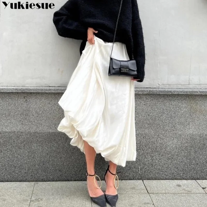 Women Balloon Skirt Long 2023 Summer New Fashion Casual Elegant Satin Vintage Loose High Waist A-line Maxi Skirt Office Lady