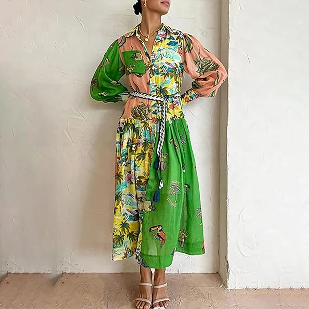 

Bohemian Printed Vacation Women Dress Elegant Lapel Loose Lantern Sleeves Vintage Autumn Dress Female Ethnic Style Chic Dresses