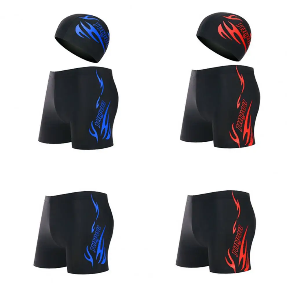 2 Pcs/Set Trendy Swimming Trunks Close-fitting Stretchy Great Stitching Swimming Cap