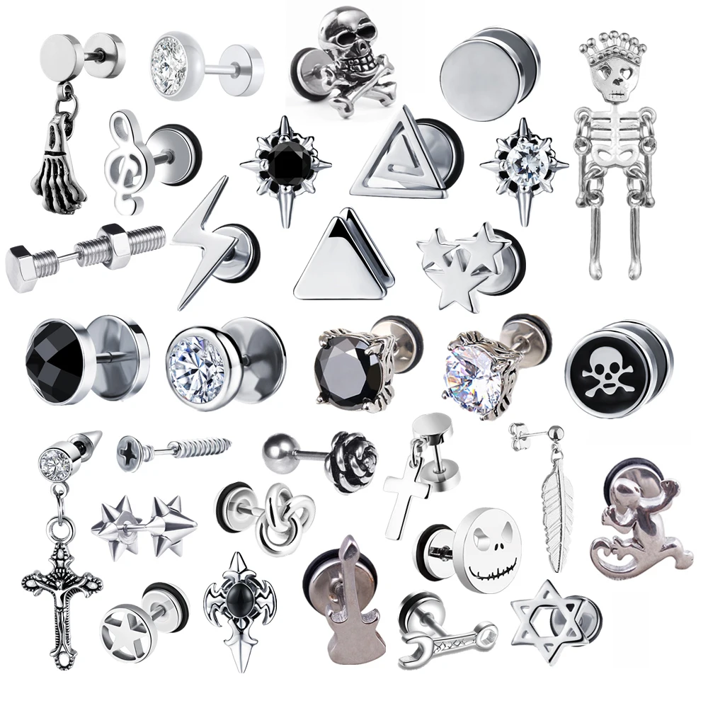 2023 Punk Stainless Surgical Steel Women Men's Stud Earrings Small Gothic Geometry Skeleton Rock Zircon Hip Hop Jewelry Earrings