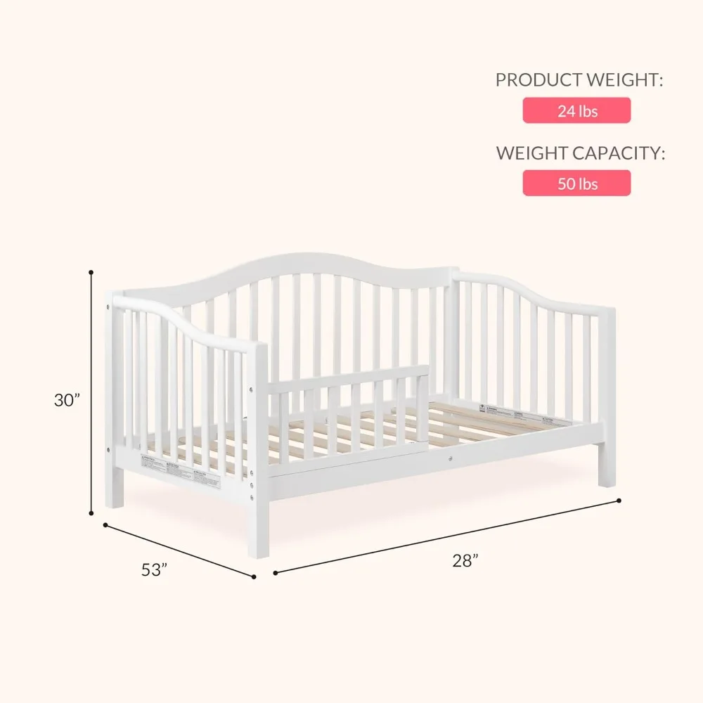 Lit de jour blanc pour tout-petits au sol bas avec rails de sécurité, certifié Greenguard Gold, finitions non toxiques pour enfants de 18 mois à 5 ans