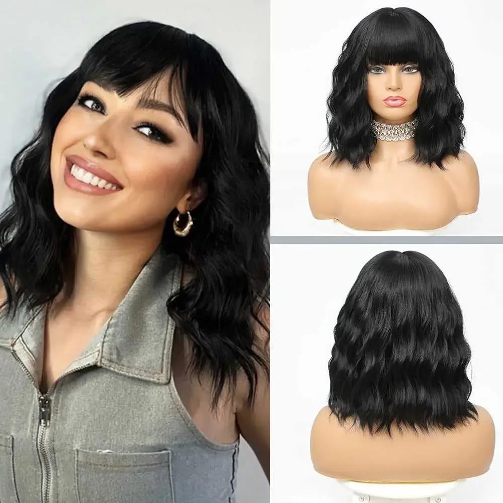 

Short Black Bob for Women Short Curly with Bangs 14 Inch Curly Bob Natural Looking Synthetic Daily Wigs