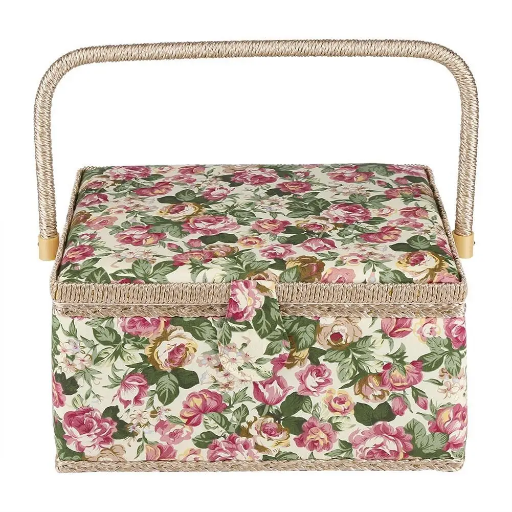 Floral Fabric Sewing Basket - Craft Organizer Box with Handle for Home Storage & Sundry Items