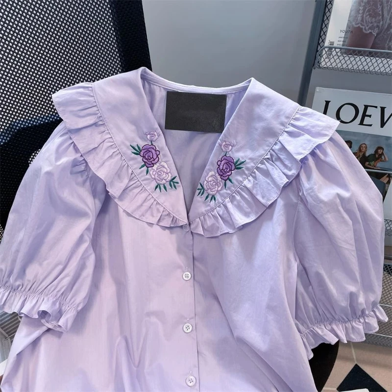 Purple Sweet Flower Embroidery Peter Pan Collar Women Shirt Kawaii Ruffles Puff Sleeves Lolita Blouses Tops Elegant Blusas Mujer