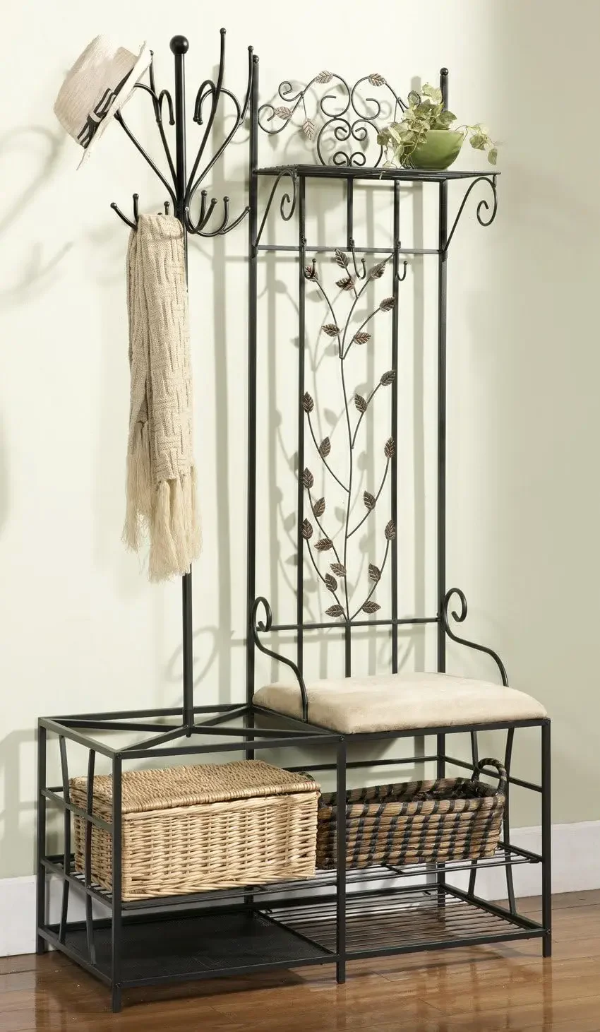 Coat Rack  Black Finish Metal Hallway Storage Bench with Coat Rack & Umbrella Holder 36 x 19 x 71 inches