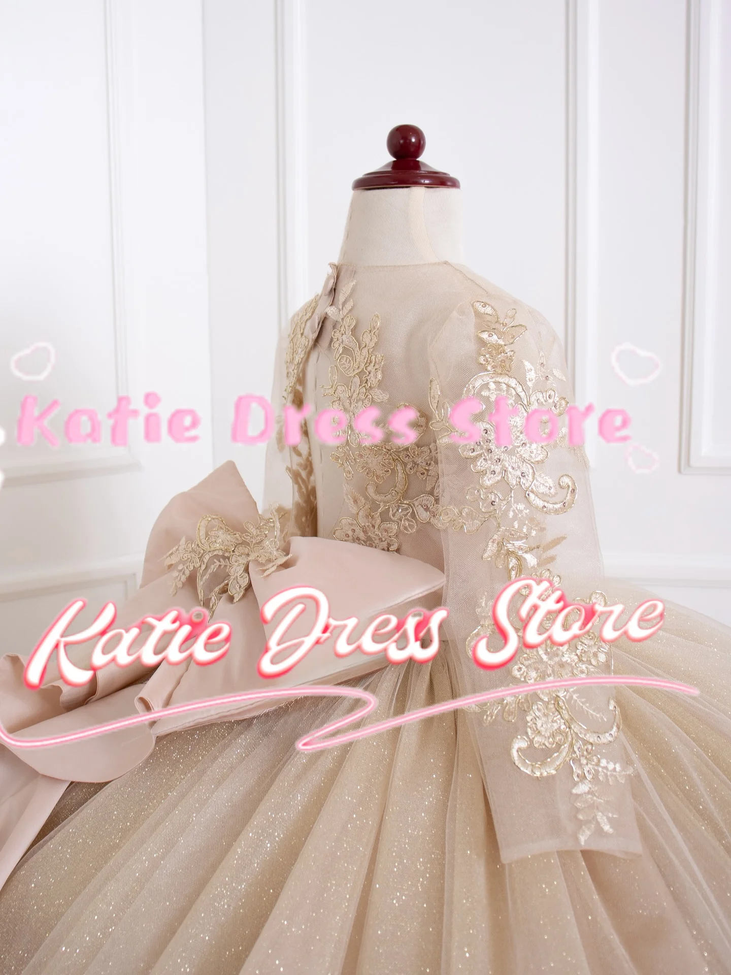 

Customized Champagne Tulle Puffy Applique Flower Girl Dress for Wedding Princess Kids Birthday Party First Communion Ball Gowns