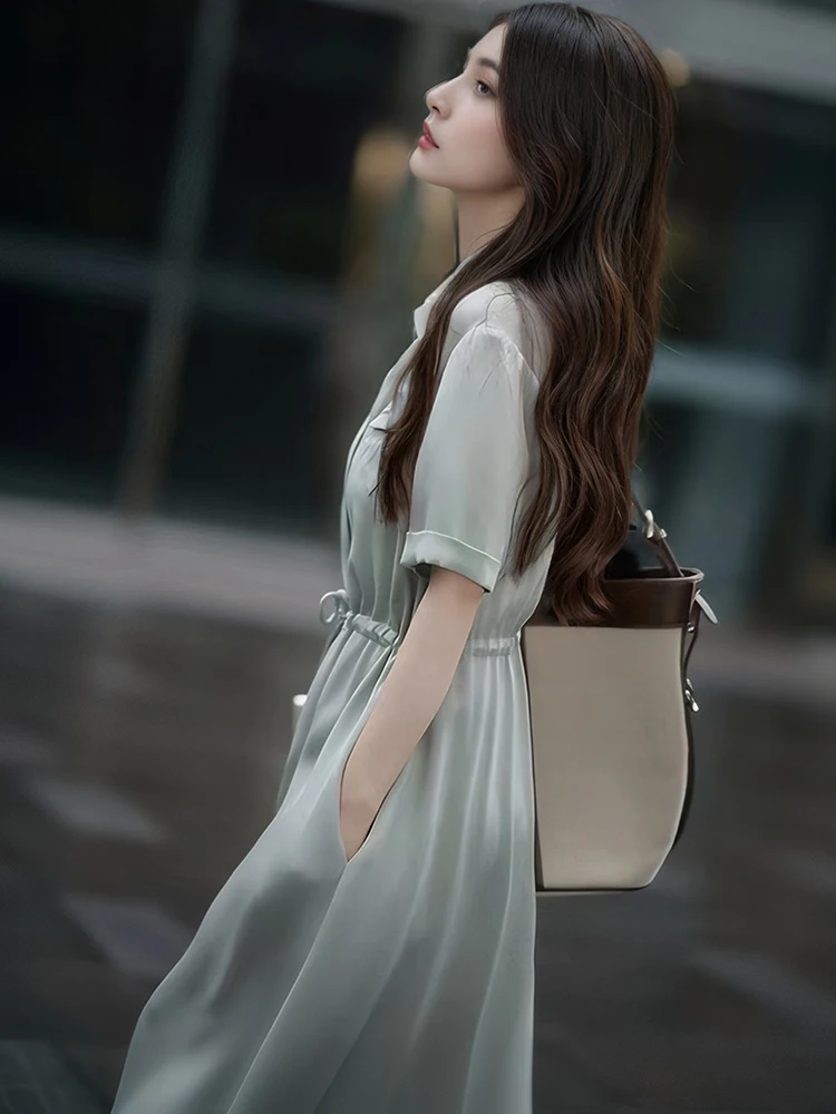 Vestido largo ajustado con lazo liso para mujer, vestido de oficina con cuello tipo Polo de manga corta, Vestidos coreanos elegantes de lujo 2025