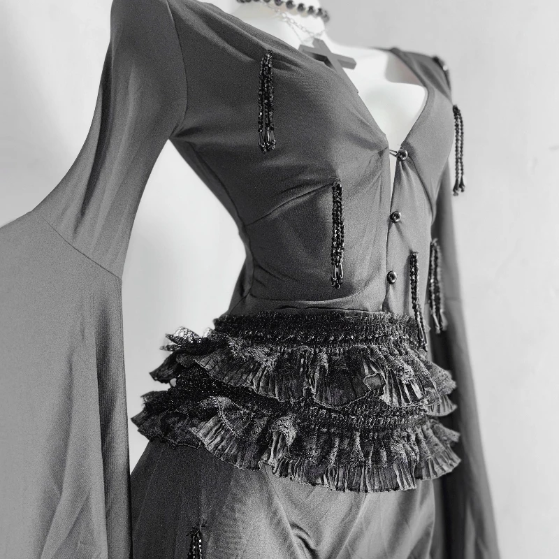 التصميم الأصلي القوطية الظلام الملابس النسائية الخريف جديد أسود تألق كريستال شرابة مثير وهمية قطعتين سروال فستان السيدات