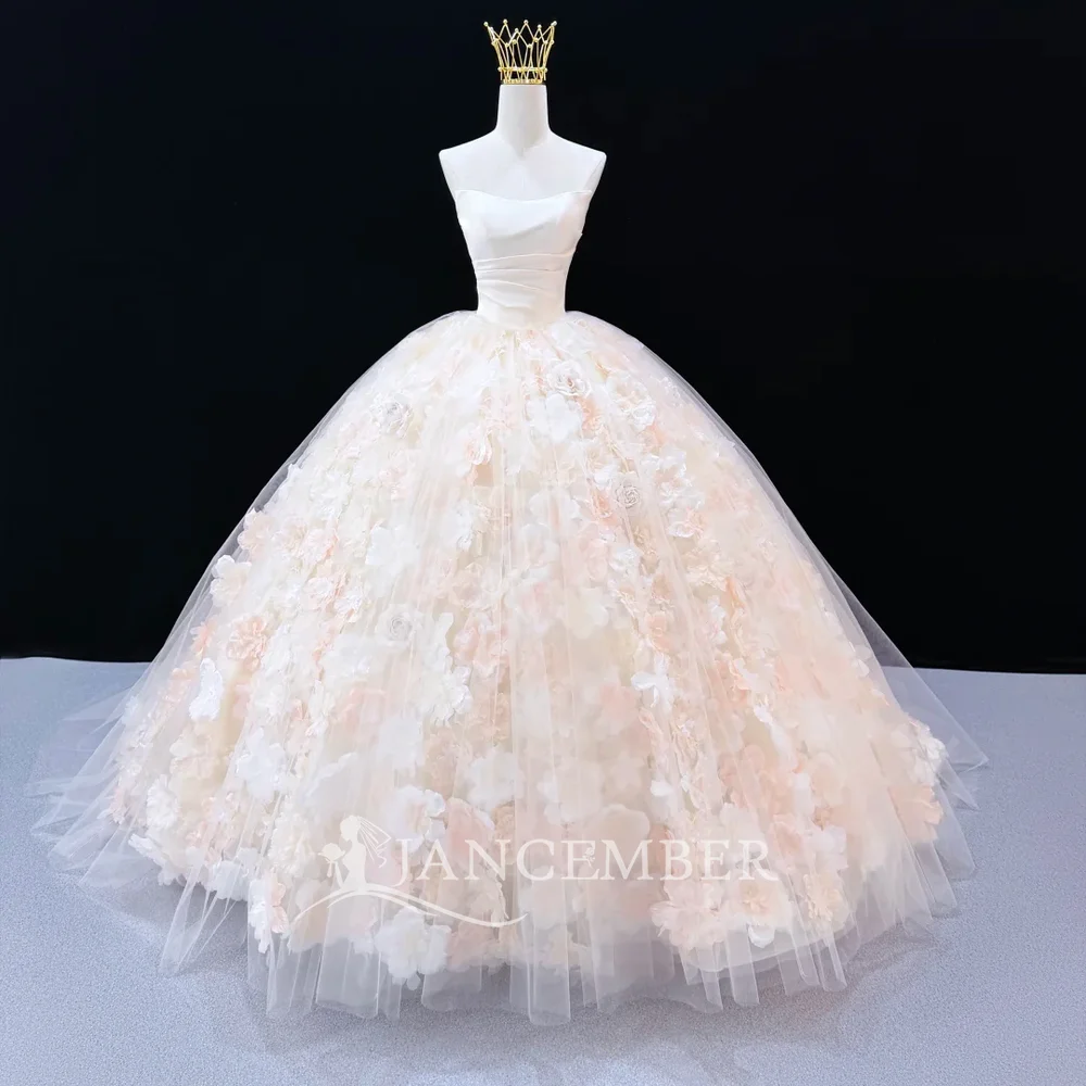 Romantic Peach Ball Gown Customized Wedding Dress Strapless Ruched Tulle Stunning 3D Flowers Real Photos فساتين حفلات الزفاف