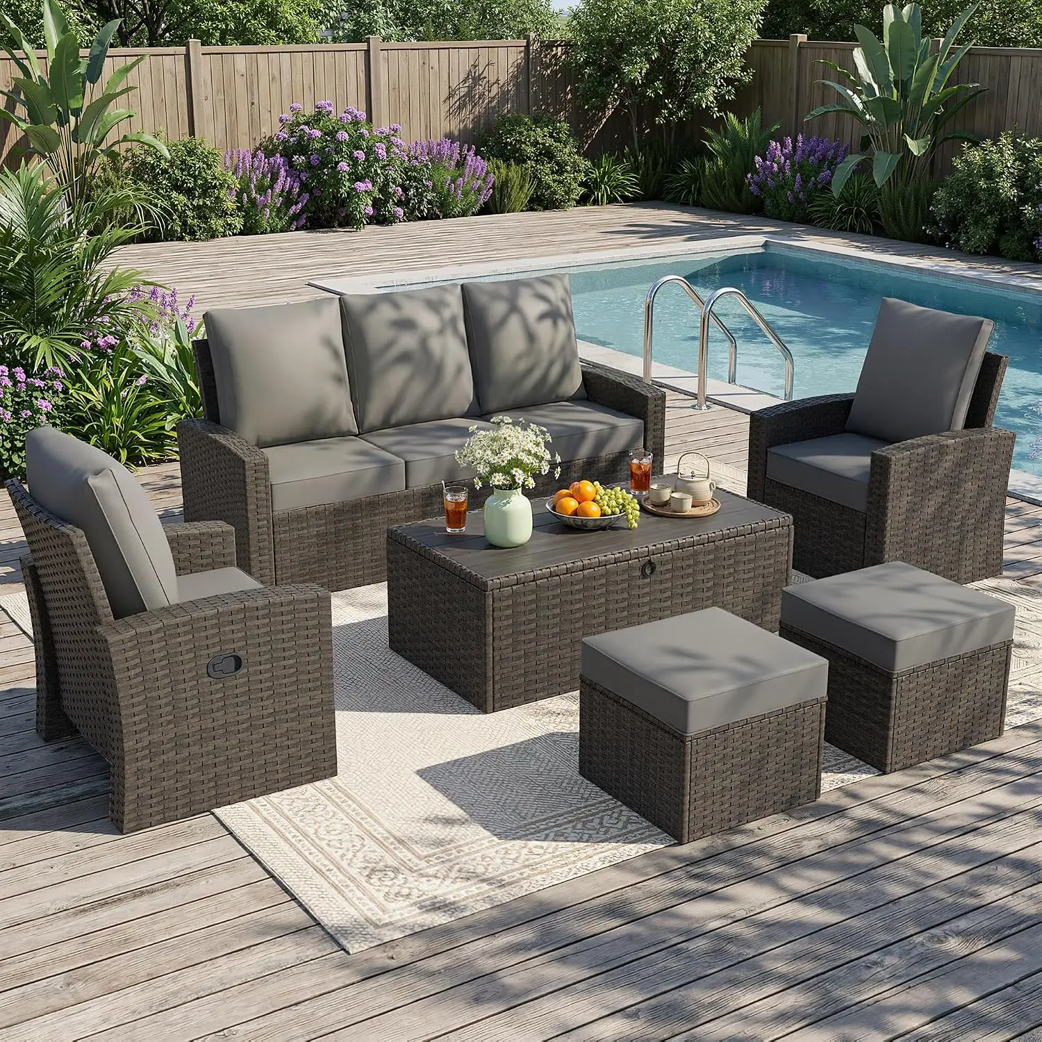 Outdoor Furniture Recliner Set - 屋外パティオ家具セット-6点セット 全天候型ウィッカー屋外家具 パティオリクライニングチェア付き 背もたれ調整可能 屋外パティオ用