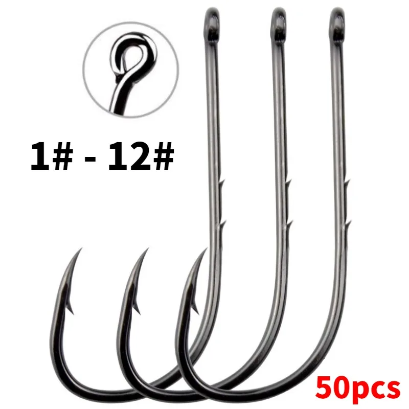 50p Long Handle Double Back Barbed Fish Hook Crooked Mouthed High Carbon Steel Circle Marine Fishing Accessories  Tool Tackle