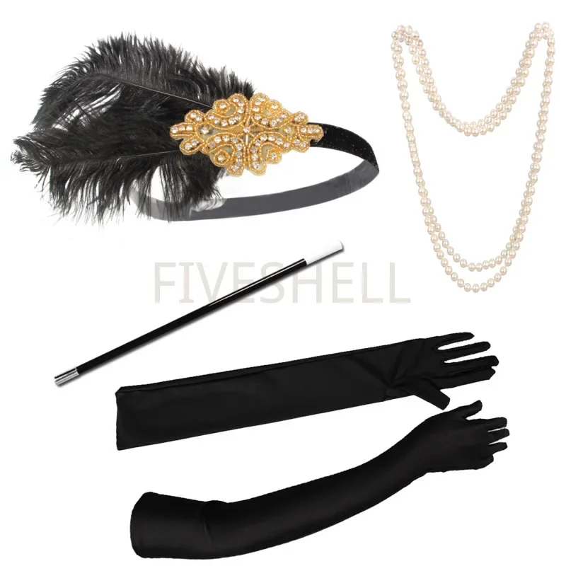 Women Great Gatsby Party Costume Accessories Set 1920s Flapper Accessories Feather Headband Gloves Cigarette Holder Necklace