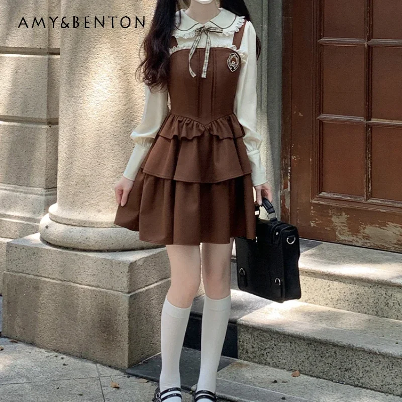 American College Style Autumn Long Sleeved Lotus Leaf Collar Beige Bow Shirt Top Brown A Line Cake Skirt Fashion Suit For Girls