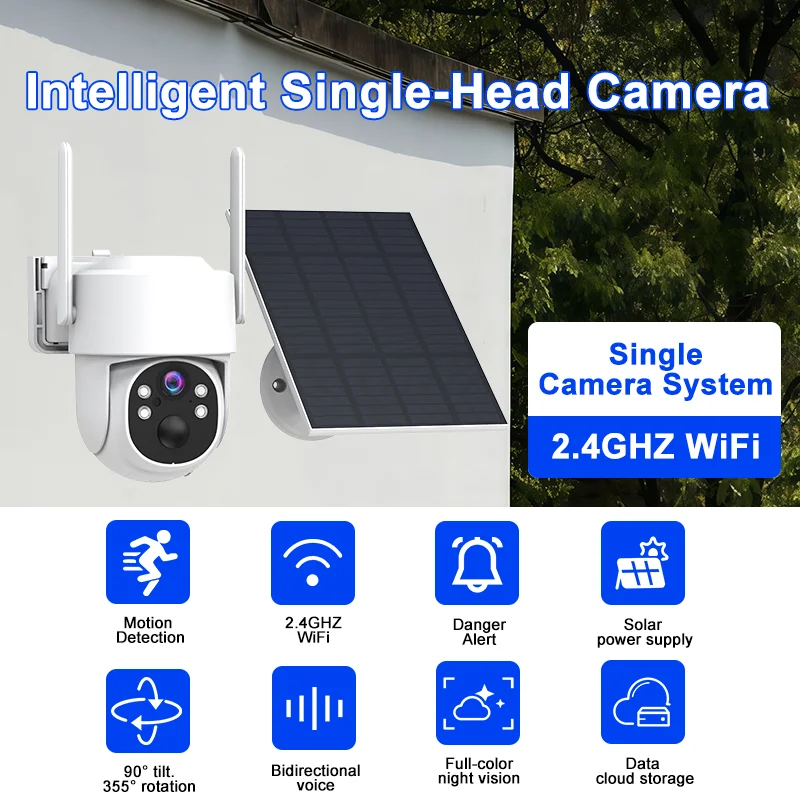Wi-Fi PTZ Уличная беспроводная IP-камера на солнечной энергии 4MP HD Встроенный аккумулятор Длительный срок службы батареи Приложение Двустороннее аудио и ночное видение