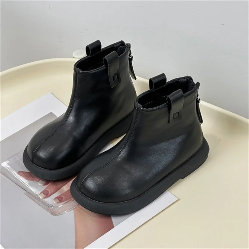 2024 New Autumn Children Boots Leather Girls Ankle Boots Zip Back Rubber Sole Fashion Toddler Kids Boots EU21-30