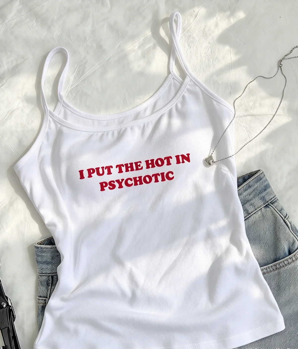 Women White Cami Tank Top I Put The Hot In Psychotic Red Letter Print Sleeveless Slim Fit Summer Casual Ladies Vest