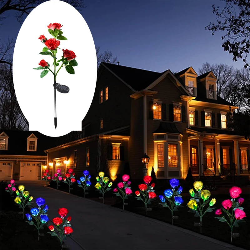 5 Heads Solar Lights Outdoor Decorative Solar Garden Lights Rose Flower Outdoor Waterproof Lawn Lamp for Yard Patio Garden Decor