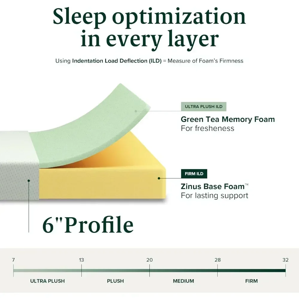 y 6 Inch Green Tea Memory Foam Mattress, Fiberglass Free, Sturdy Base Foam, CertiPUR-US Certified Bed-in-a-box