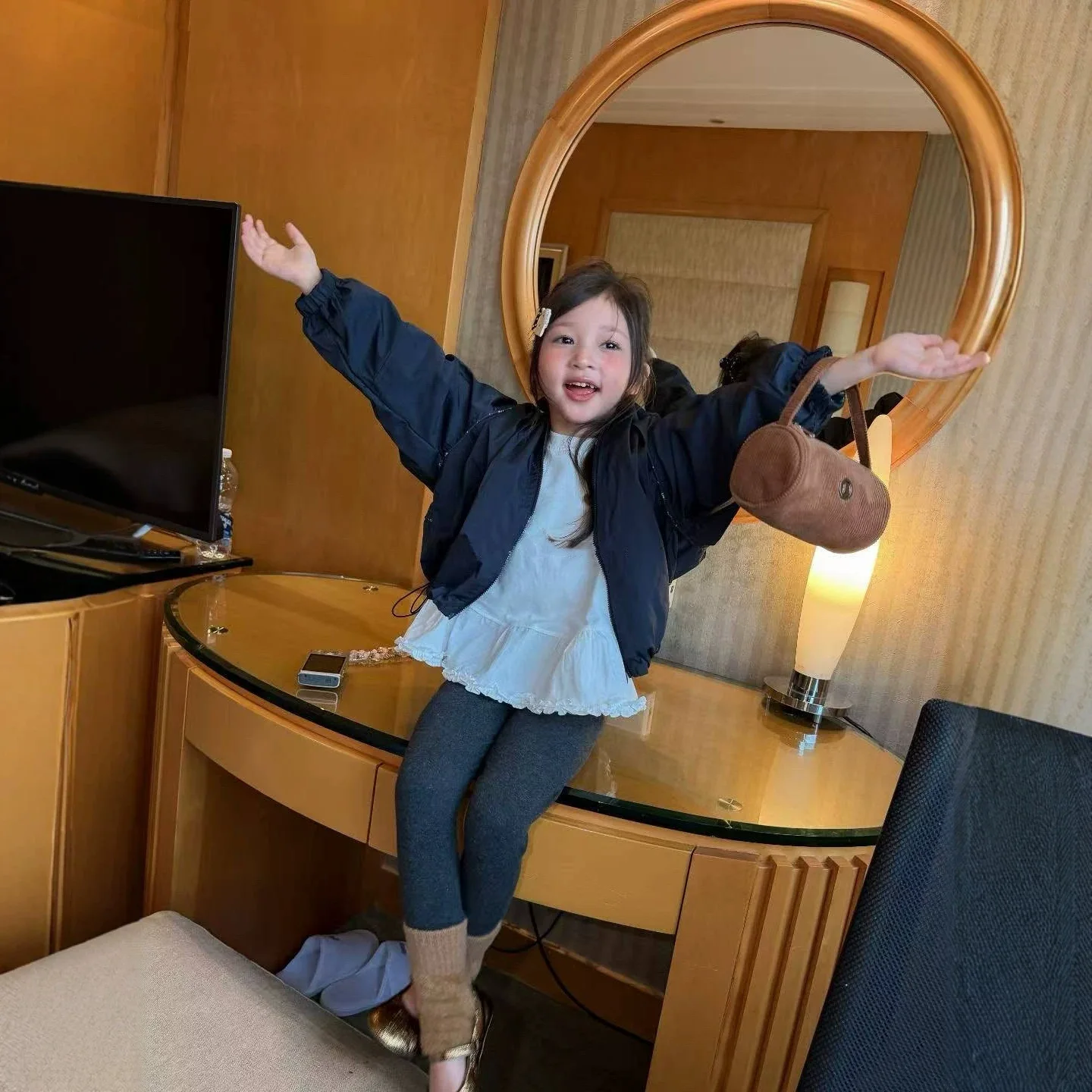 Korean Kids Girls Spring Fall Reversible Floral Hoodie Hem Drawstring Casual Trench Coat Windbreaker Two Piece Set