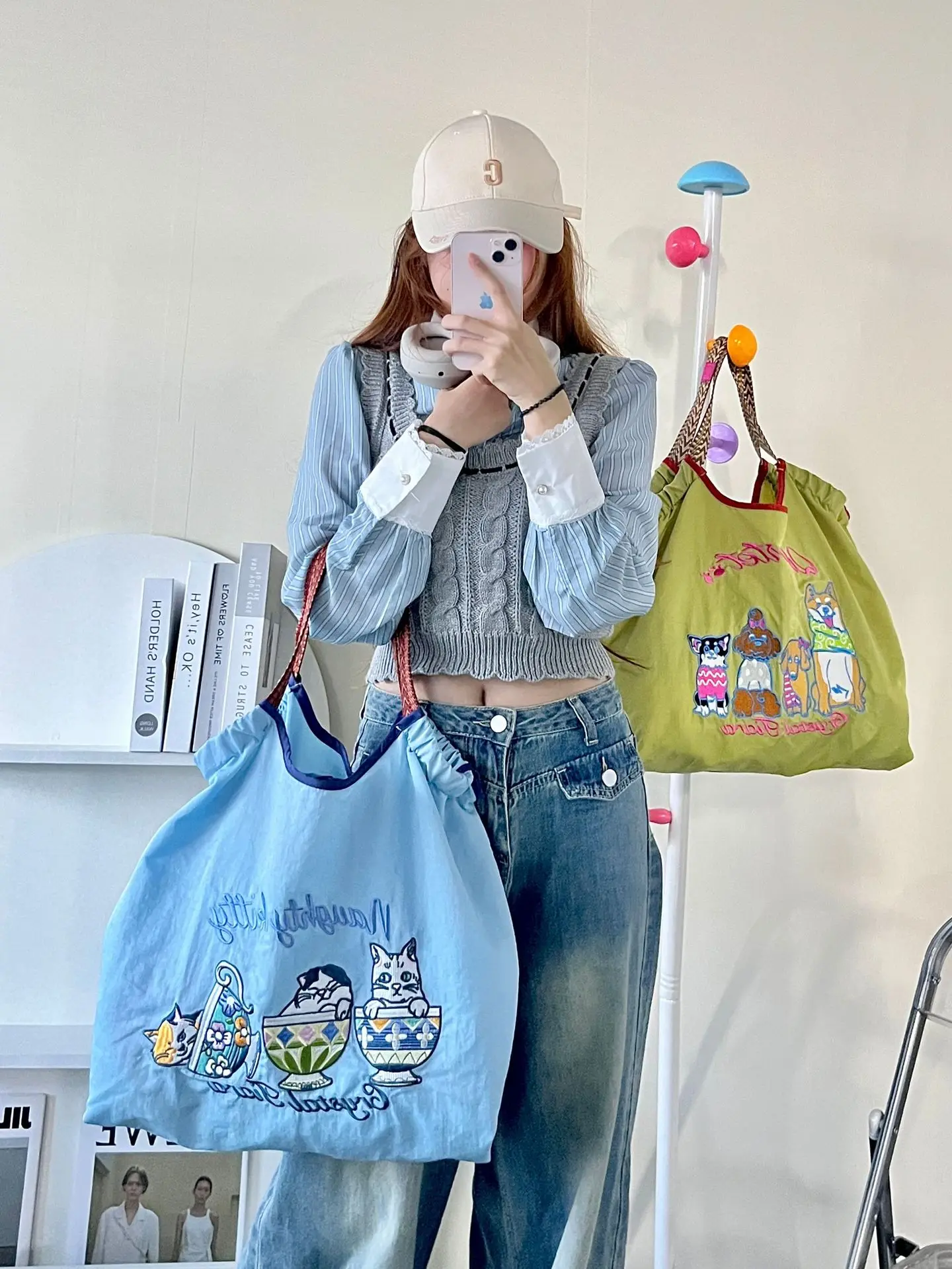 Kawaii Ball Chain Canvas Bag Embroidery Bag Large-Capacity Girl Cute Handbag Shopping Oxford Bag Shoulder Nylon Bag