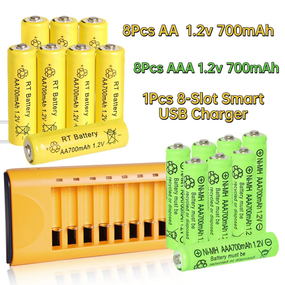 Skywolfeye 8Pcs AA and 8Pcs AAA 1.2V Ni-MH Rechargeable Batteries with USB 8-Slot Charger for Everyday Electronics