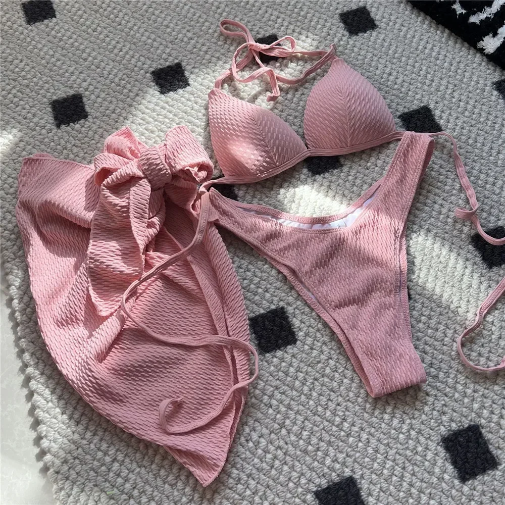 Yellow Push Up Bikinis Sets 3 Pieces Swimwear Cover Up String Halter Sexy Swimsuit Women Beach Swimming Wear Bikinis 2025 Mujer