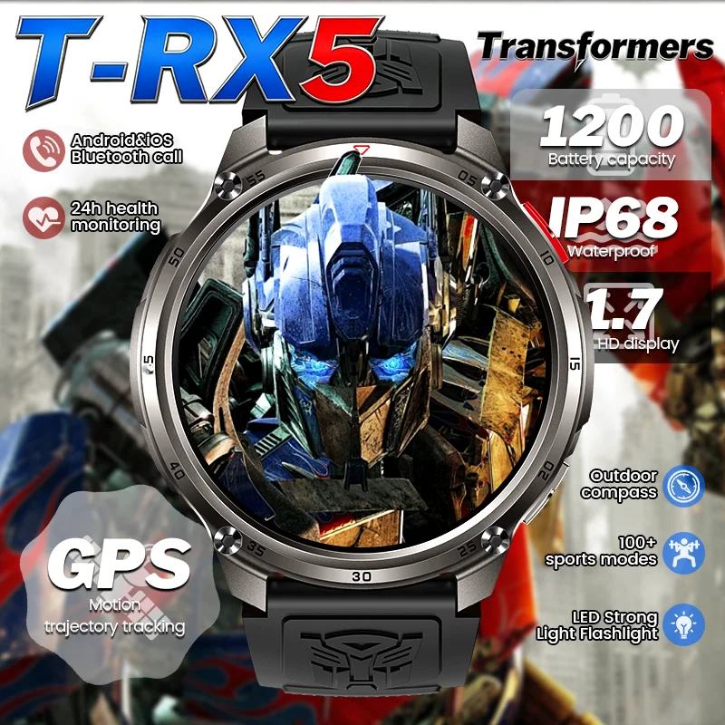 New Outdoor 1200mAh Battery Men Smart Watch T-RX5 GPS Flashlight IP68 Waterproof Bluetooth Call Sports Co Branded TF Smartwatch