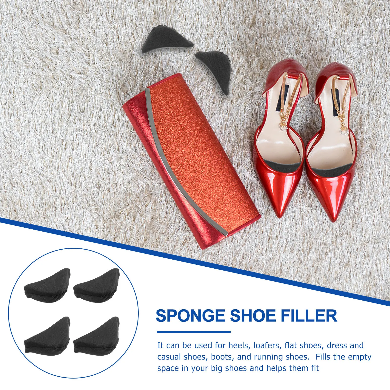 2Pair Sponge Shoe Filler Inserts for Big Shoes Unisex Heel Slippage Prevention Comfortable Washable Reusable Toe Plug for Heels