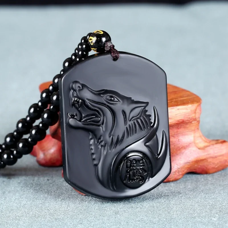 Black Obsidian Hand Carved Natural  Obsidian Howling Wolf Head Amulet Lucky Pendant Necklace Jewelry Gift for Men Boy