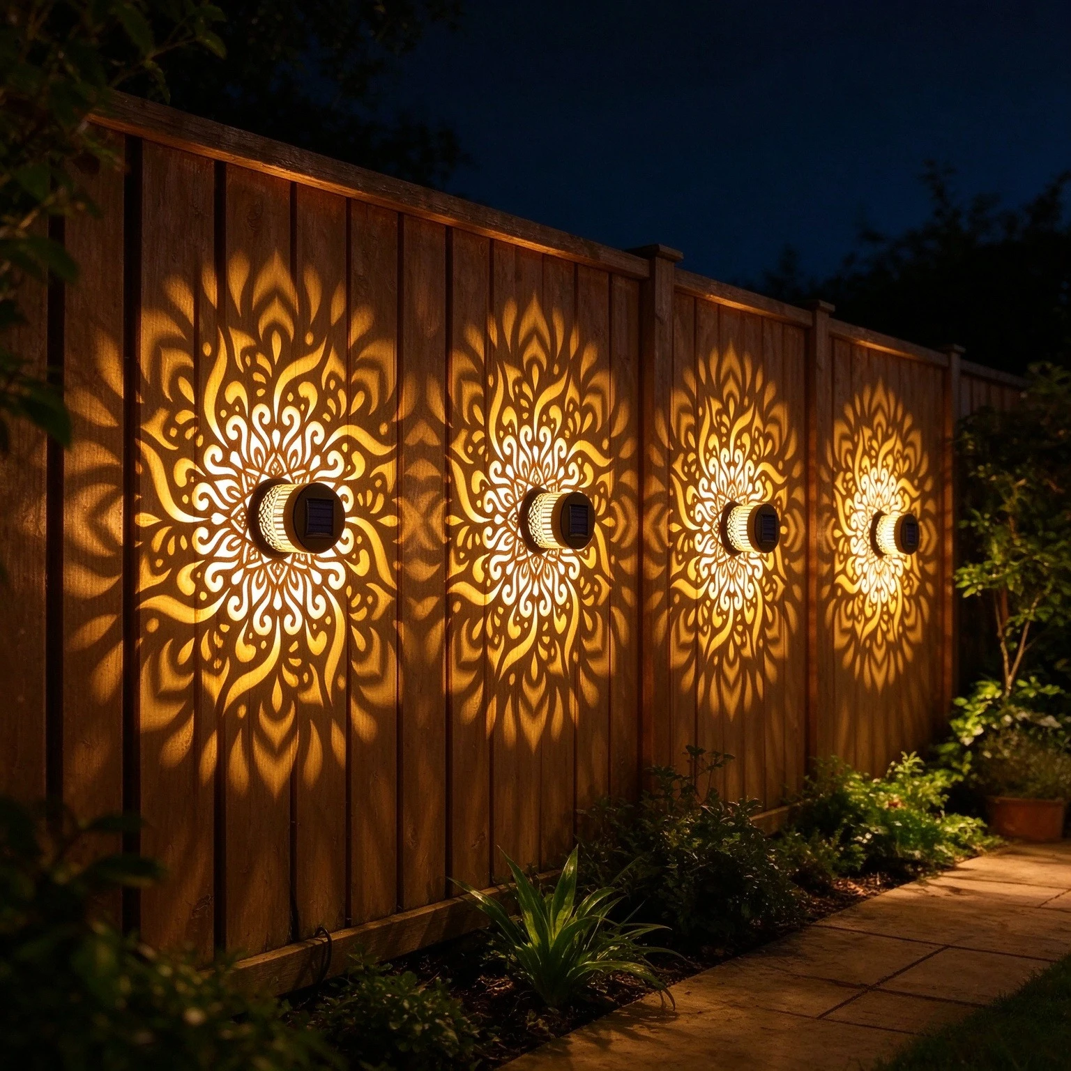4pcs Mandala Solar Fence Lights Metal Solar Outdoor Wall Deck Step Lights Waterproof Fence Light for Garden Post Patio Backyard