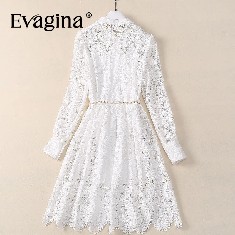 Evagina Fashion Designer Spring Summer Women's Dress Lace Long-Sleeved Single-Breasted Lace-Up Streetwear White Dresses