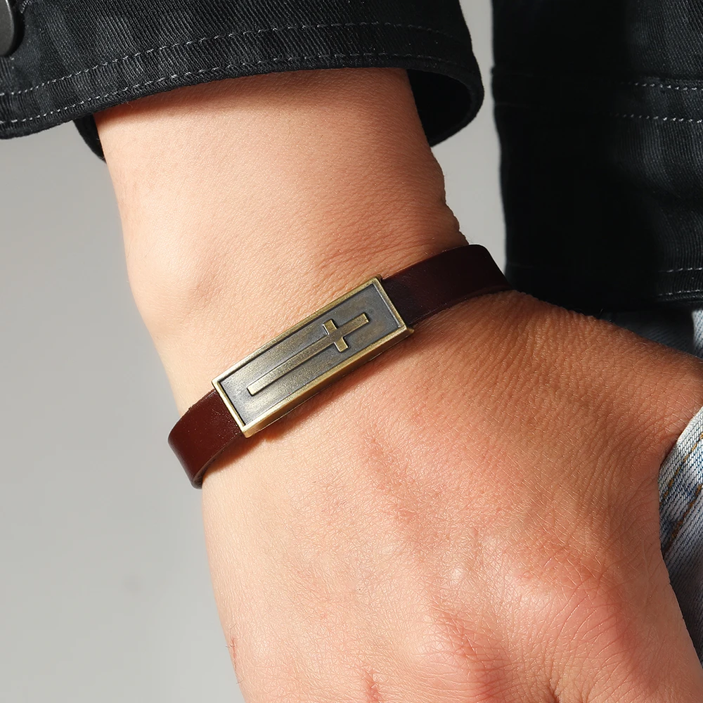 1 Piece Cross bangle vintage leather bracelet for men