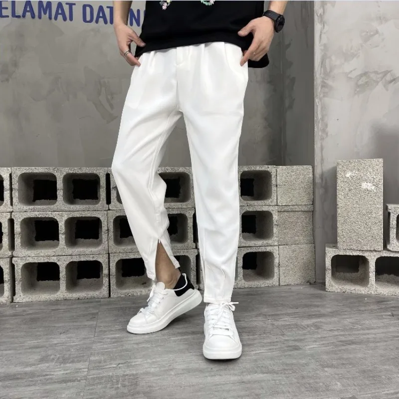 2023 Spring and Summer High-End Draping Trend Ice Silk Small Suit Pants for Men Loose Solid Color Casual Trousers White Black