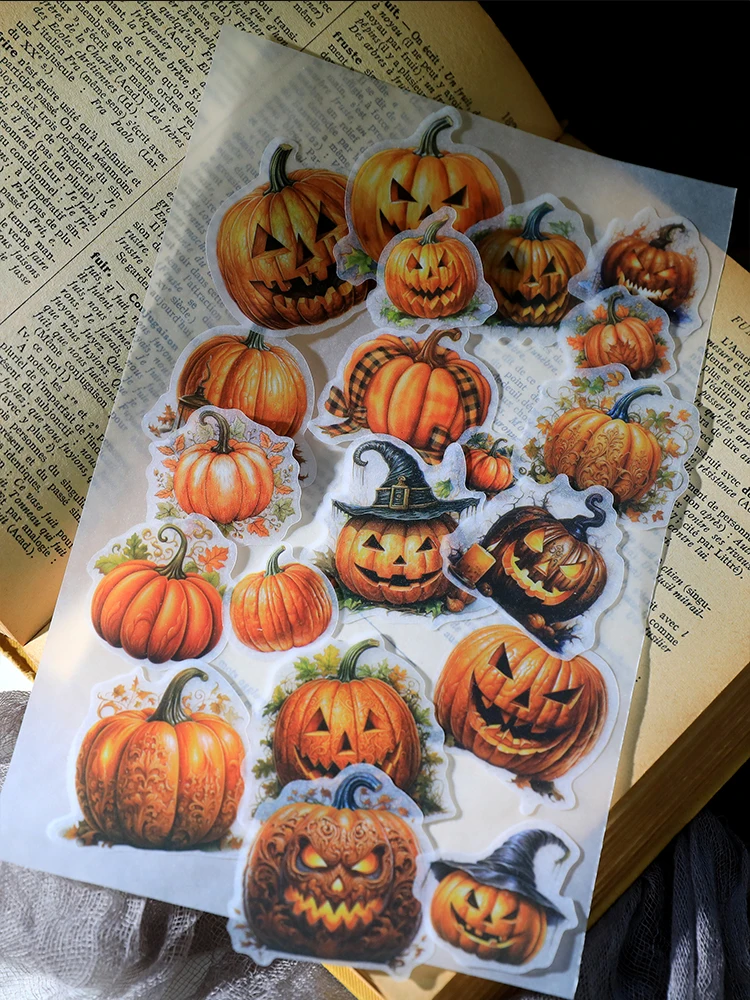 50pcs/bag Retro Halloween Pumpkin Tent Stickers Sulfuric Acid Paper Stickers Material Collage Decoration