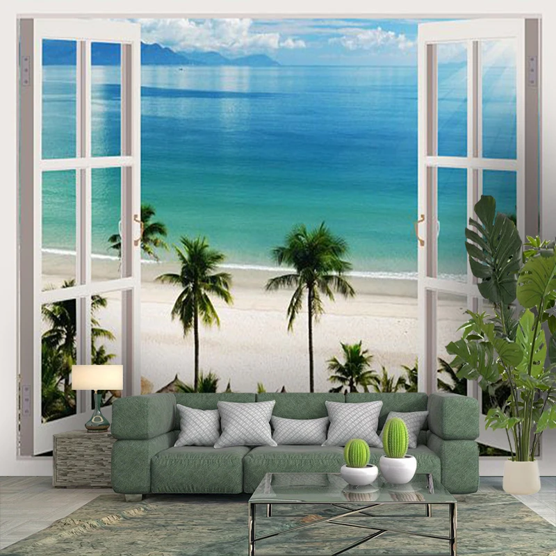 1PC Window Ocean Palm View Art Print Backdrop Banner, Bedroom Living Room Photo Background, Polyester, Home Decor, Wall Art