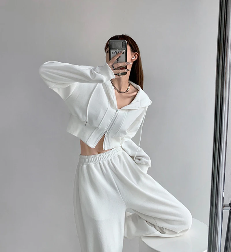 Women Cropped Hoodie Two Way Zipper Jacket Drawstring Hem Sweatshirt Slim Fit Long Sleeve Grey Athletic Yoga Gym Running Top