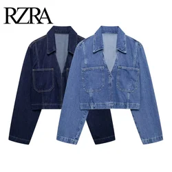 RZRA original 2024 autumn new women's fashion versatile pocket decoration short denim long-sleeved lapel shirt