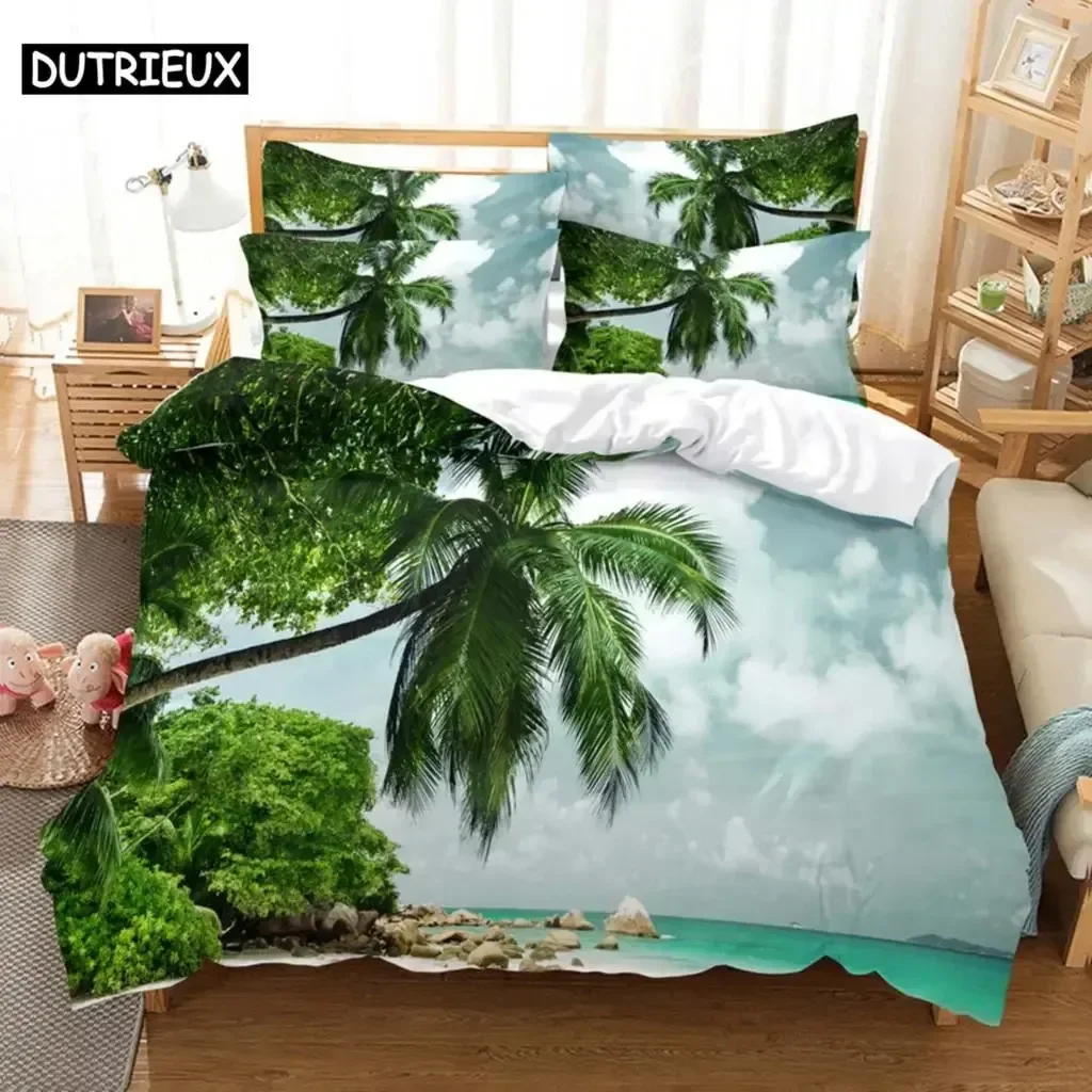 3D Seaside Coconut Tree Comfortable Duvet Quilt Cover Pillowcase Bedding Set Children Bedroom Decoration Home Textile