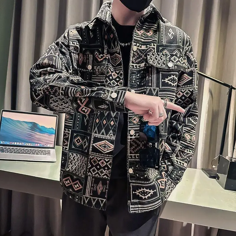 

Lapel with Print Denim Jackets Man Korea of Fabric Cowboy Coat for Men Fast Delvery Cowgirl Worn Japanese Retro Branded Clothing