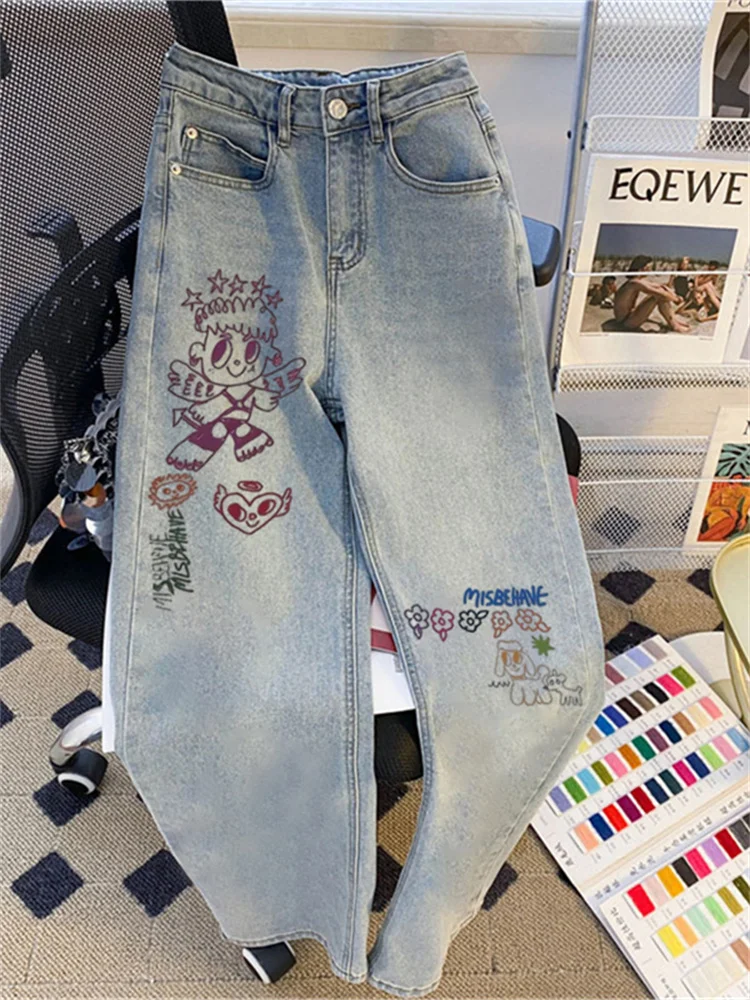 

Широкие джинсы с принтом American Sle fiti, летние винтажные джинсовые брюки свободного покроя, длинные брюки с высокой талией