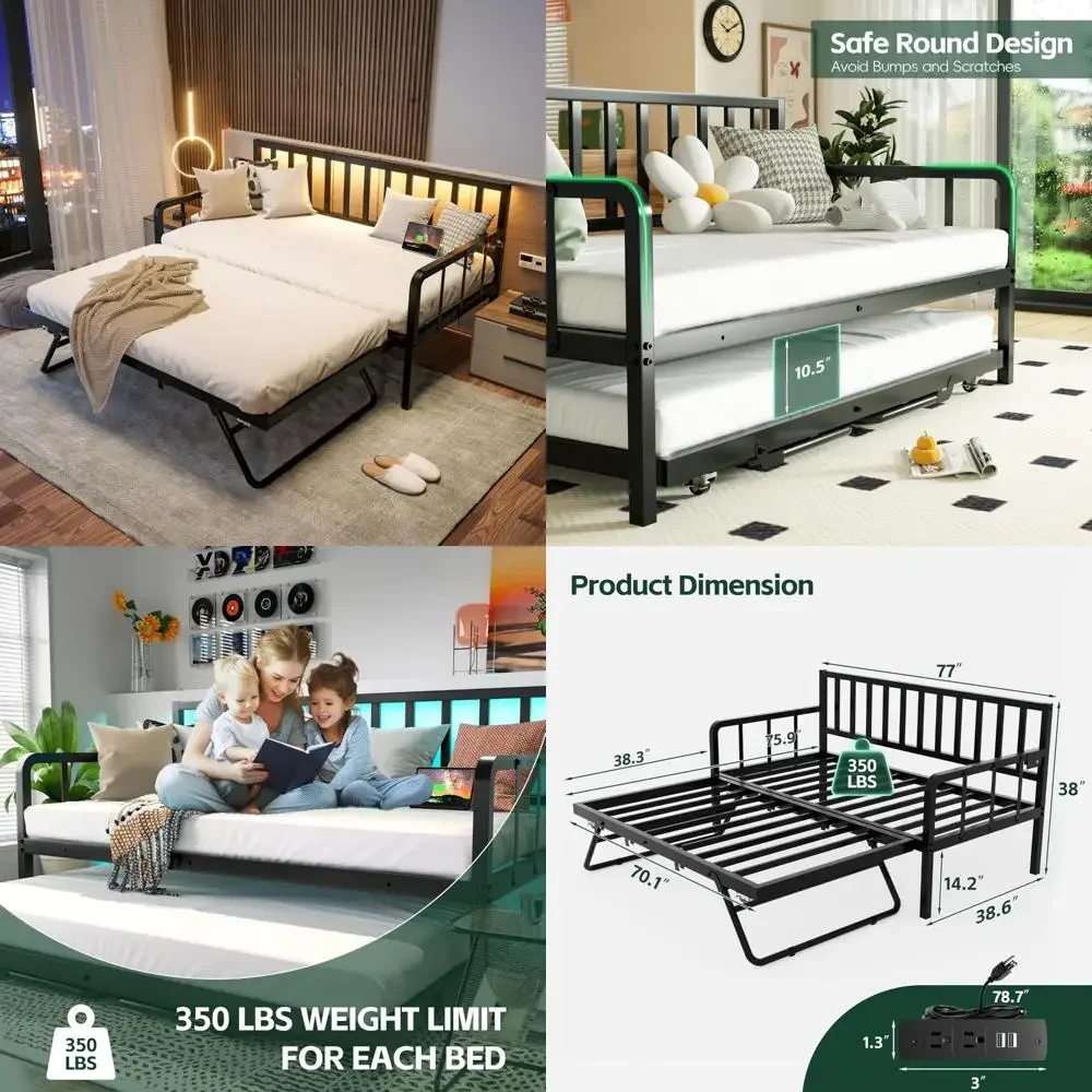 

metal sofa daybed with pop-up trundle, twin bed frame with charging port and led lighting