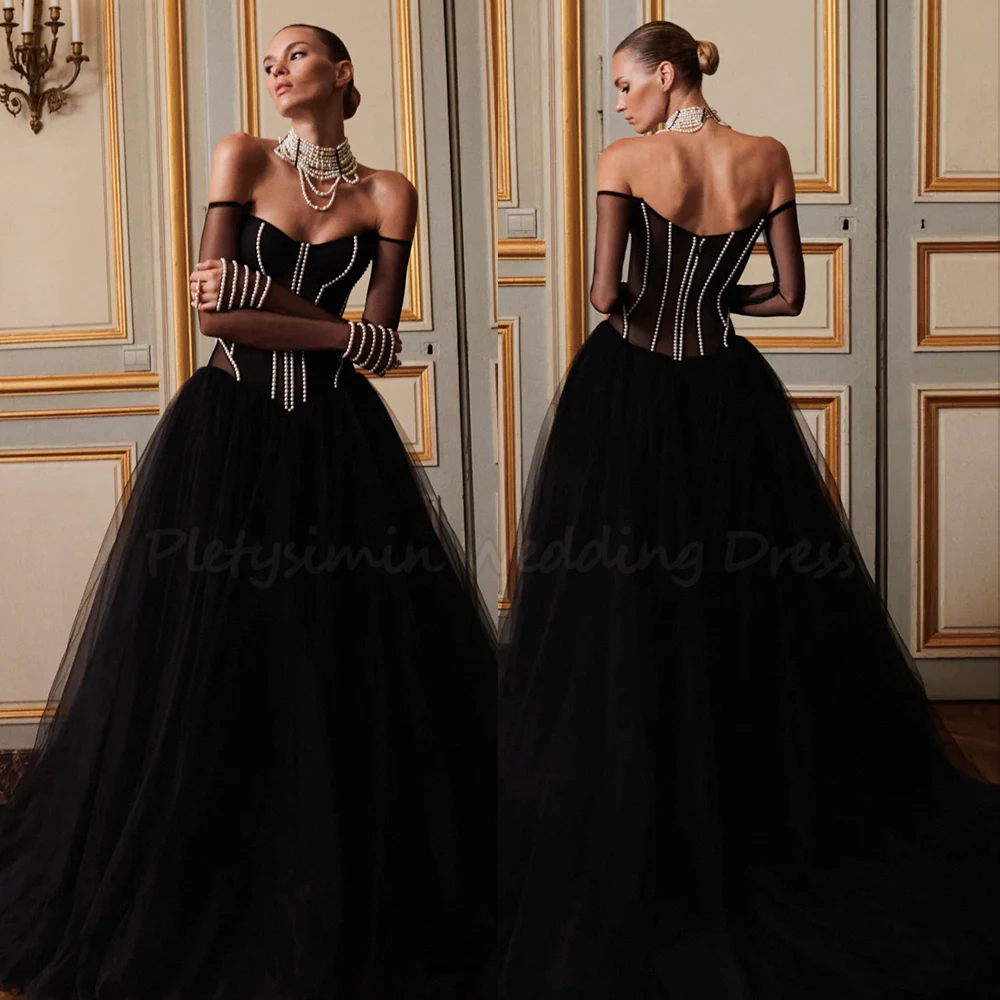 Vestidos De Novia góticos negros con hombros descubiertos, Vestido De Novia De corte en A De tul con corsé De perlas, Vestido De Novia transparente De manga larga personalizado