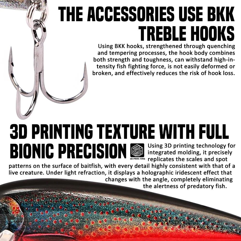B&U Sinking Minnow Fishing Lures, 3D Lifelike Long Casting Hard Bait with Treble Hooks for Freshwater Saltwater Bass Trout Pike - view 5